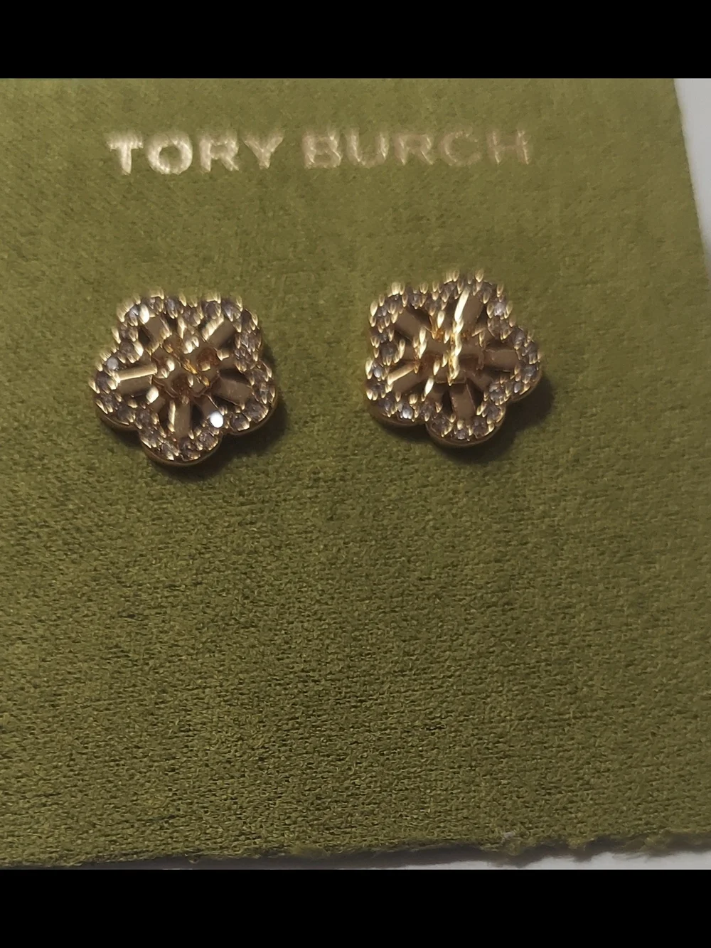 Tory Burch Gold Flower Crystal Border Stud Earrings